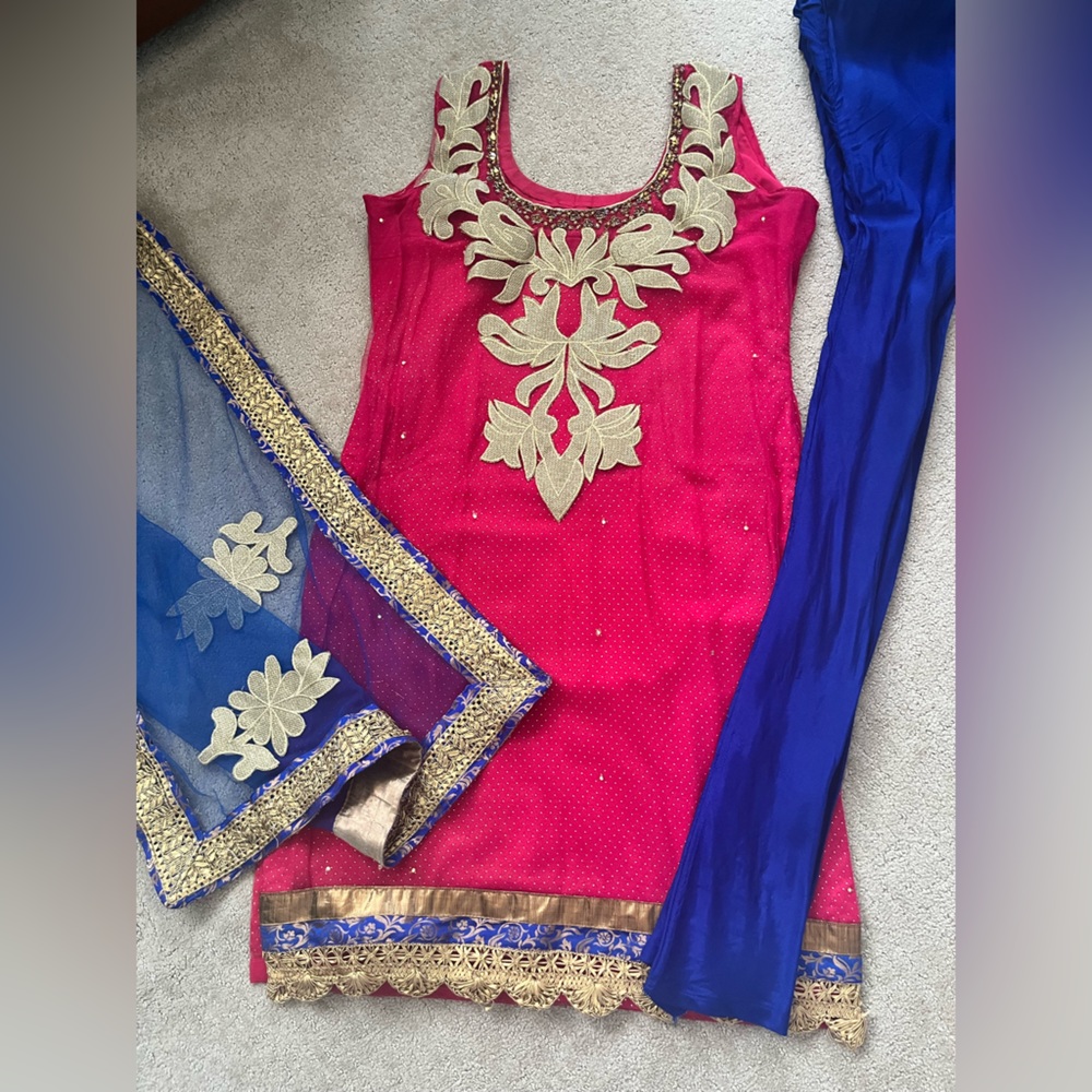 Punjabi Suit with tights or pajami - Hot pink and royal Blue. Size 40+